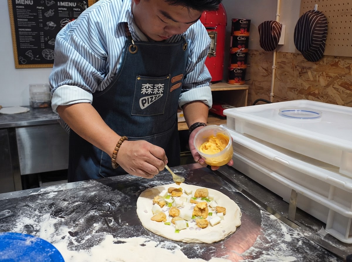 Un cucchiaio che raccoglie e stende la salsa di tuorlo duovo giallo brillante sopra gli ingredienti della pizza.