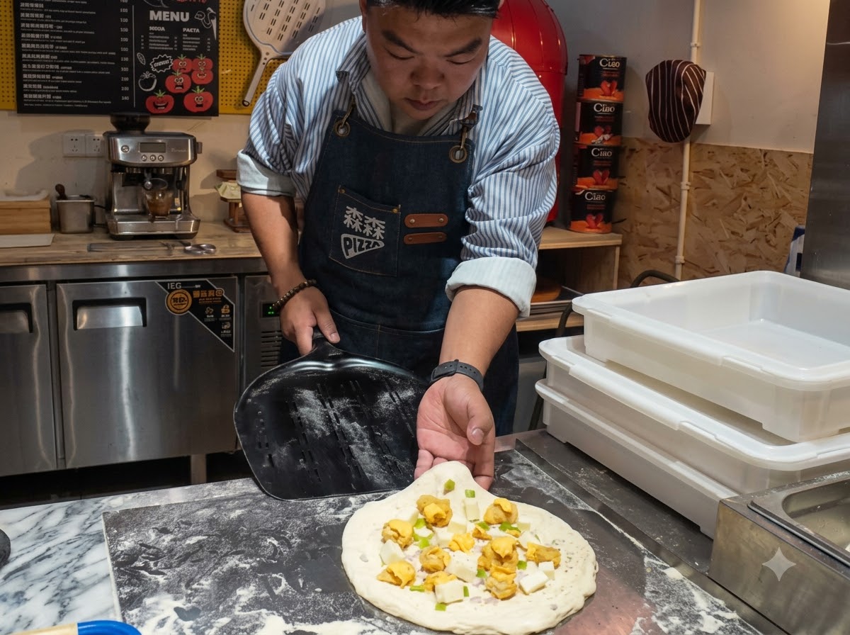 Una pizza assemblata adagiata su una pala nera spolverata di farina, pronta per essere infornata.