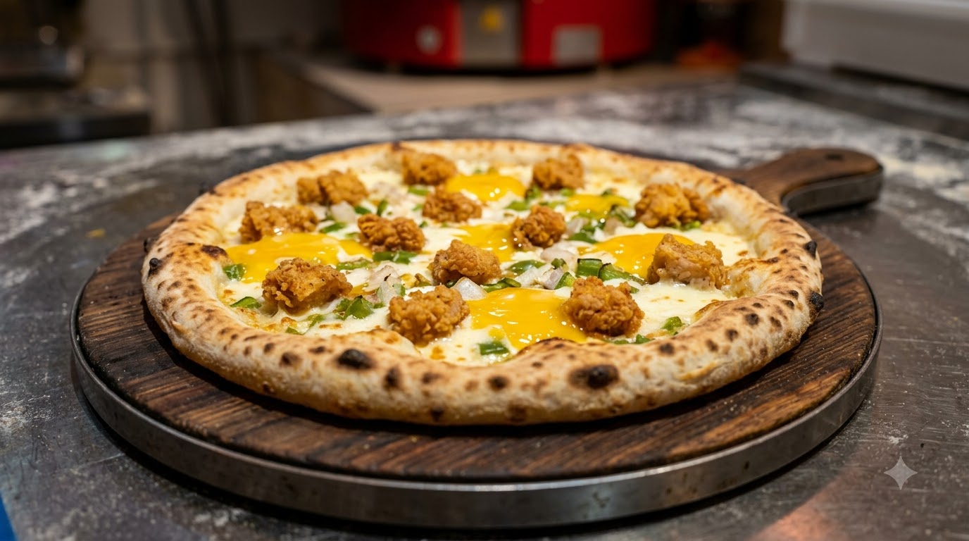 Una pizza con pollo fritto e salsa di tuorlo duovo salato appena sfornata su un asse di legno scuro con crosta dorata e croccante