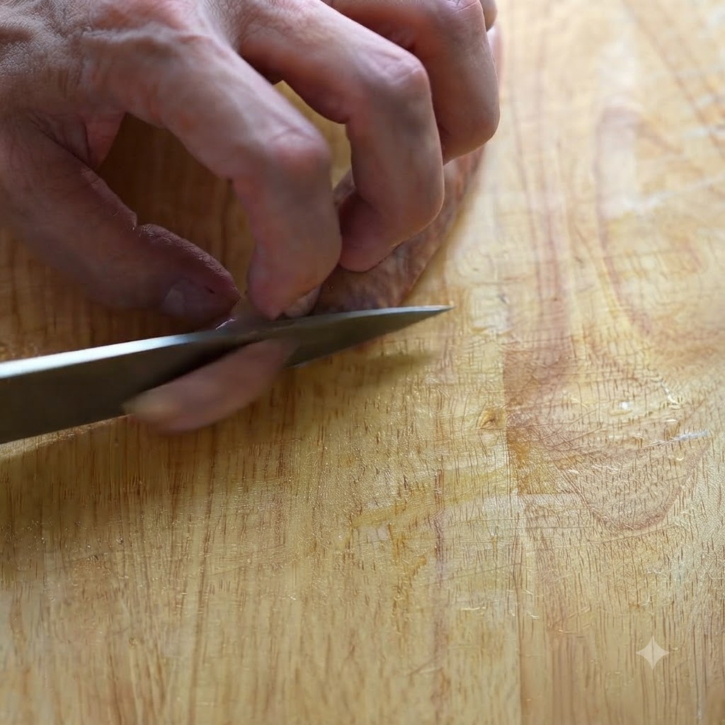 Un coltello da cucina che affetta una salsiccia taiwanese su un tagliere di legno in pezzi puliti.