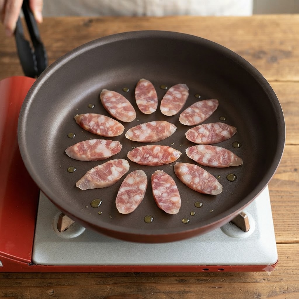 Fette di salsiccia disposte in un pattern circolare in una padella con gocce dolio.