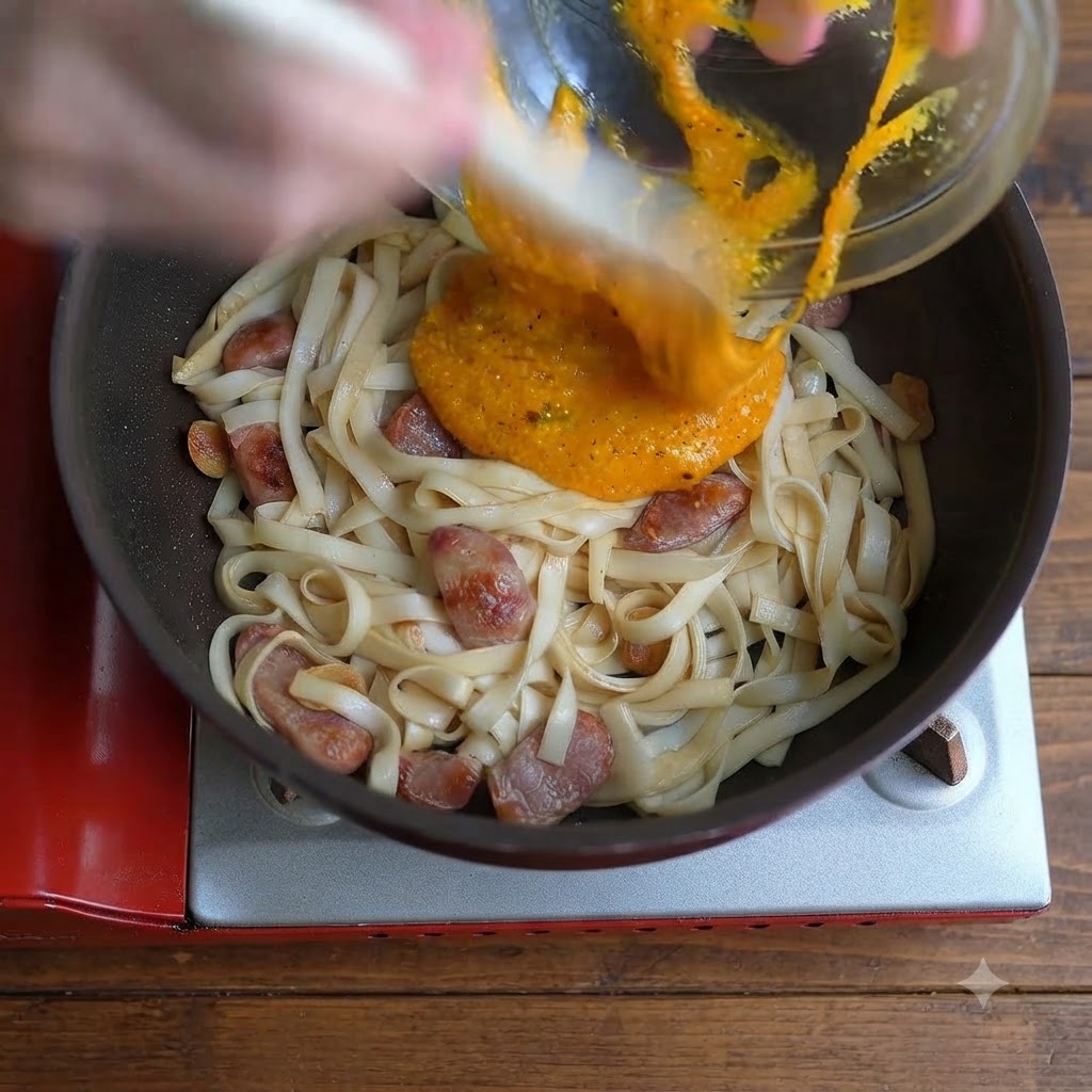 Salsa densa e dorata di uova e formaggio versata da una ciotola di vetro in una padella piena di noodle larghi e salsiccia affettata.