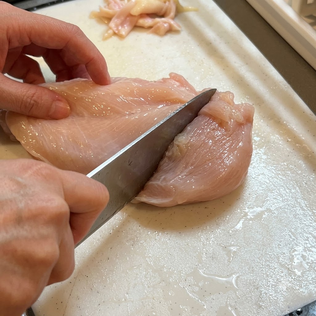 Un coltello che pratica dei fori in un petto di pollo crudo posizionato su un tagliere.