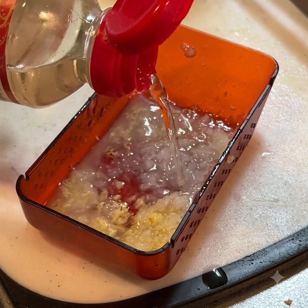 Condimento liquido versato da una bottiglia in un contenitore con zenzero e cipolla grattugiati.