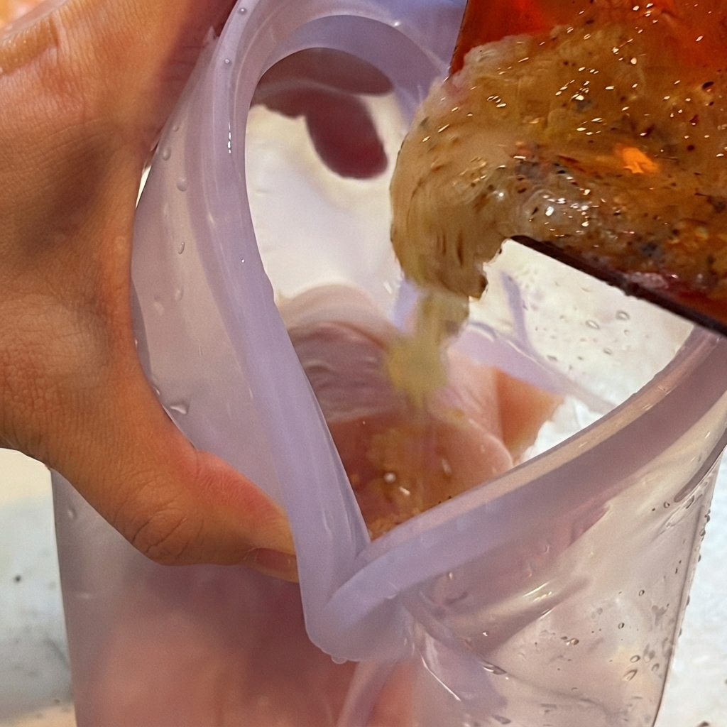 Marinata versata da un contenitore rosso in un sacchetto viola contenente pollo crudo.