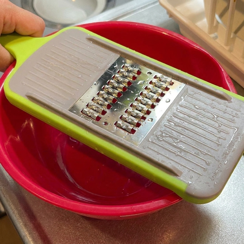 Tagliare un cetriolo a striscioline sottili usando una grattugia verde posta sopra una grande ciotola rossa.