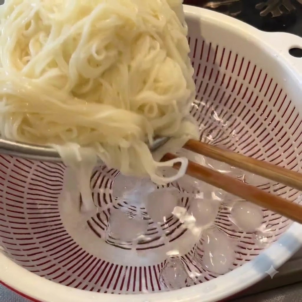 Noodle cotti sciacquati con le bacchette dentro uno scolapasta bianco pieno di cubetti di ghiaccio e acqua fredda.
