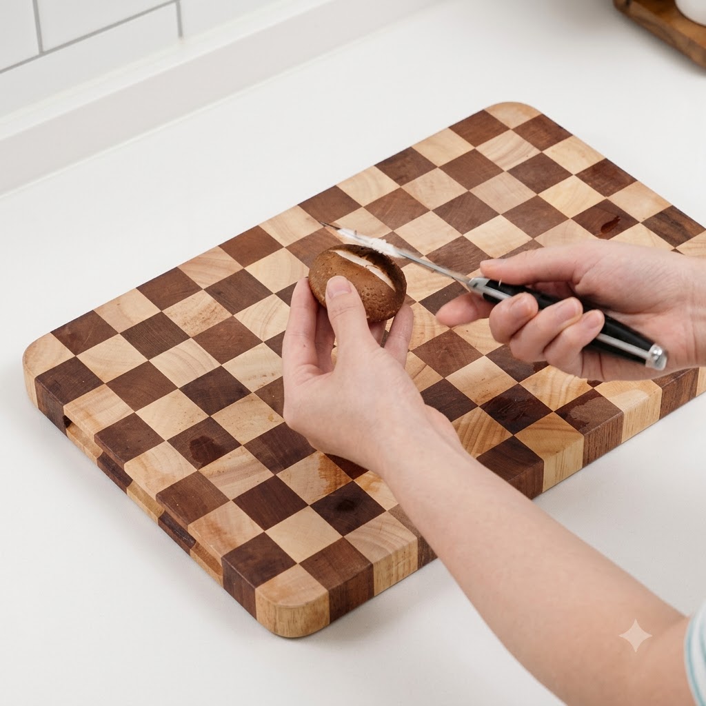 Un paio di mani che incidono una croce decorativa sulla parte superiore di un fungo shiitake marrone su un tagliere.