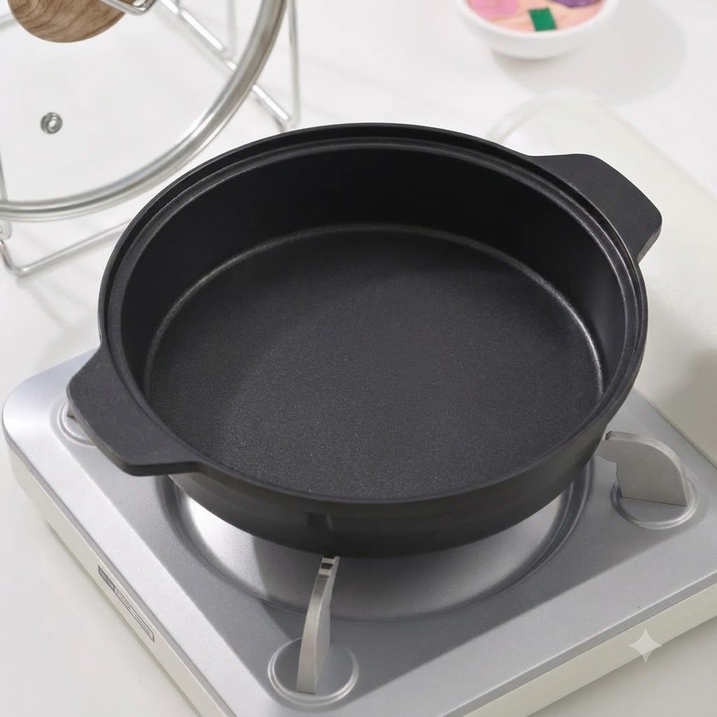 Una padella nera vuota posizionata su un fornello a gas portatile con un supporto per coperchio sullo sfondo.