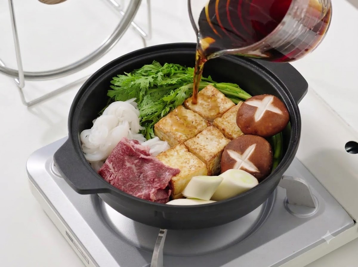 Salsa sukiyaki marrone scuro versata da un misurino di vetro in una padella piena di verdure disposte, tofu e manzo.