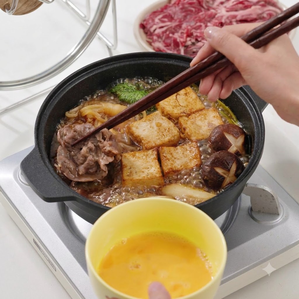 Bacchette che tengono un pezzo di manzo cotto sopra una pentola fumante contenente tofu e funghi, con una ciotola di uovo sbattuto sotto.