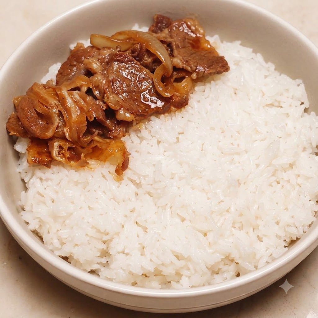 Manzo cotto e cipolle disposti ordinatamente su un lato di una ciotola riempita di riso bianco.