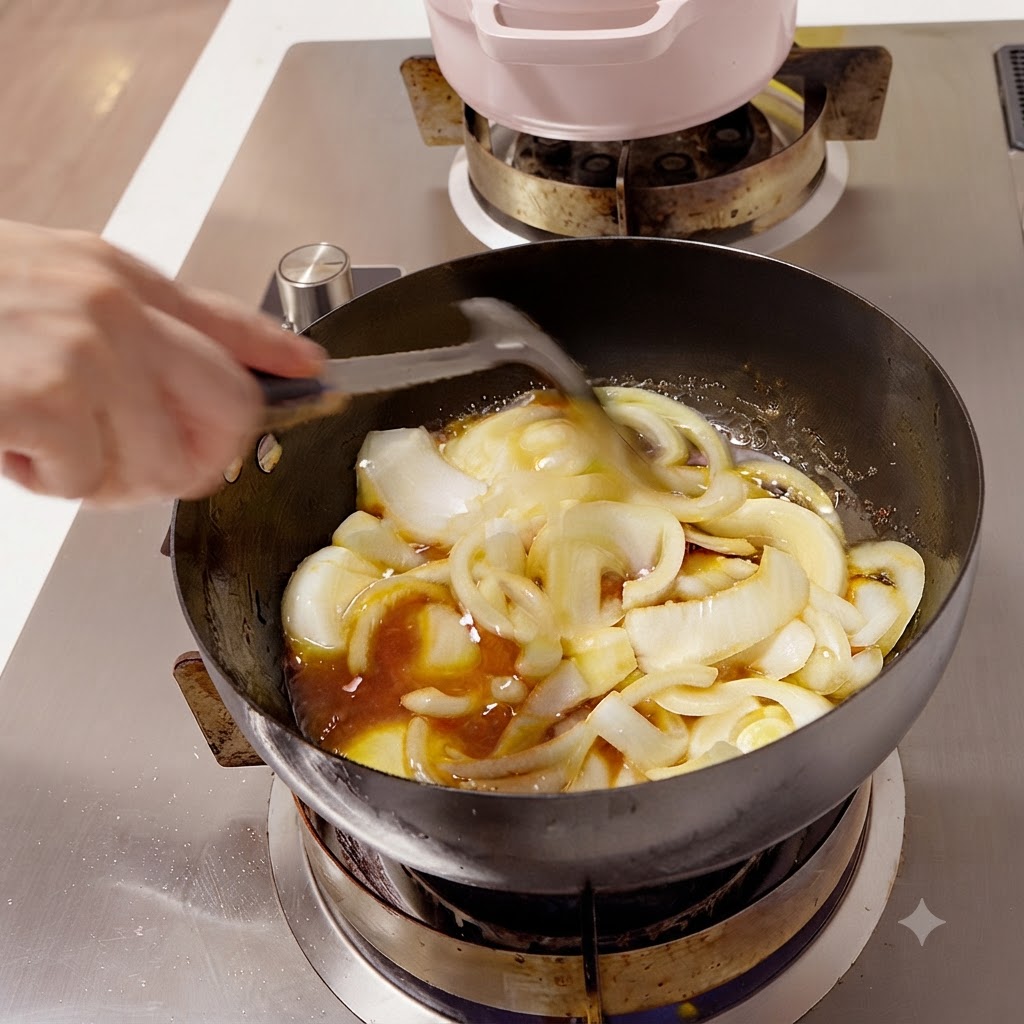 Condimento liquido e salsa versati sopra le cipolle affettate in un wok nero.