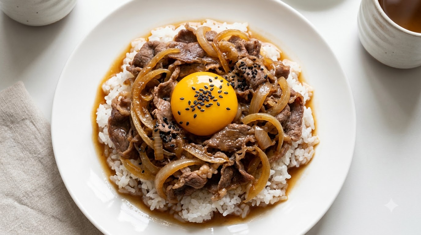 Una classica ciotola di manzo giapponese con carne tenera, cipolle dolci e un tuorlo duovo crudo sul riso.