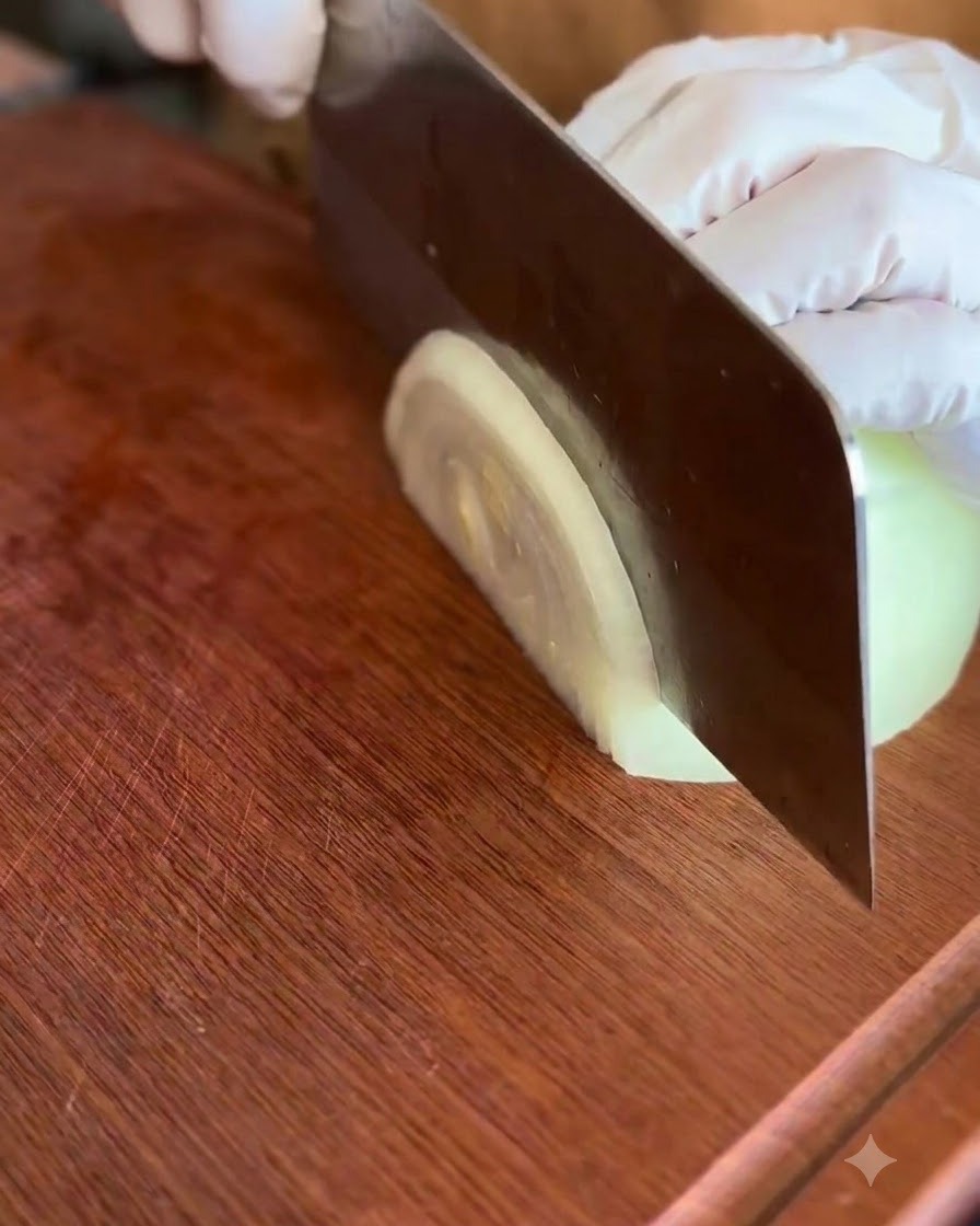 Metà cipolla tagliata a strisce sottili con un coltello su un tagliere di legno.