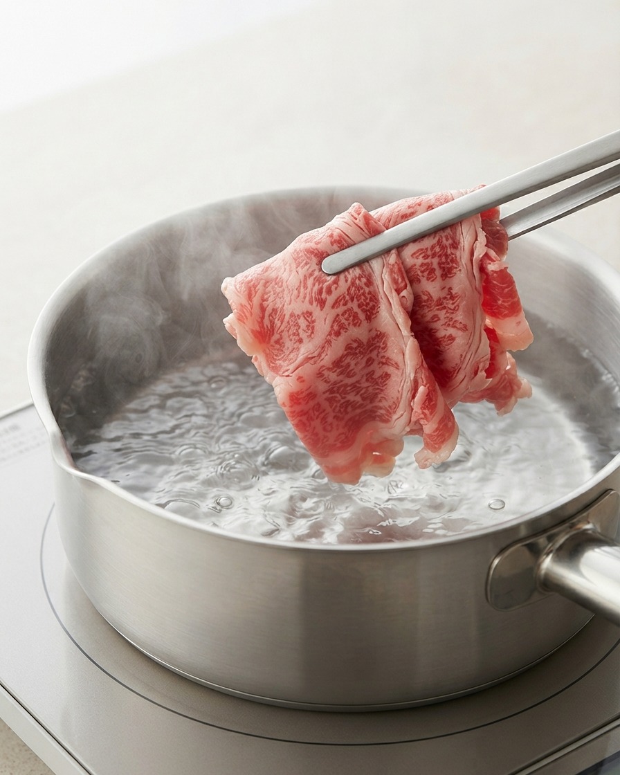 Fettine di manzo messe in una pentola di acqua bollente con le pinze da cucina.