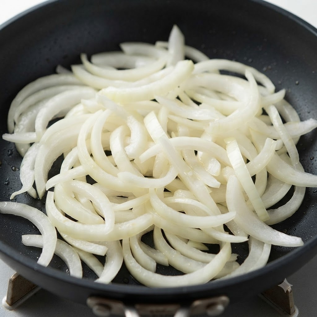Cipolle bianche affettate che cuociono in una padella nera con olio.