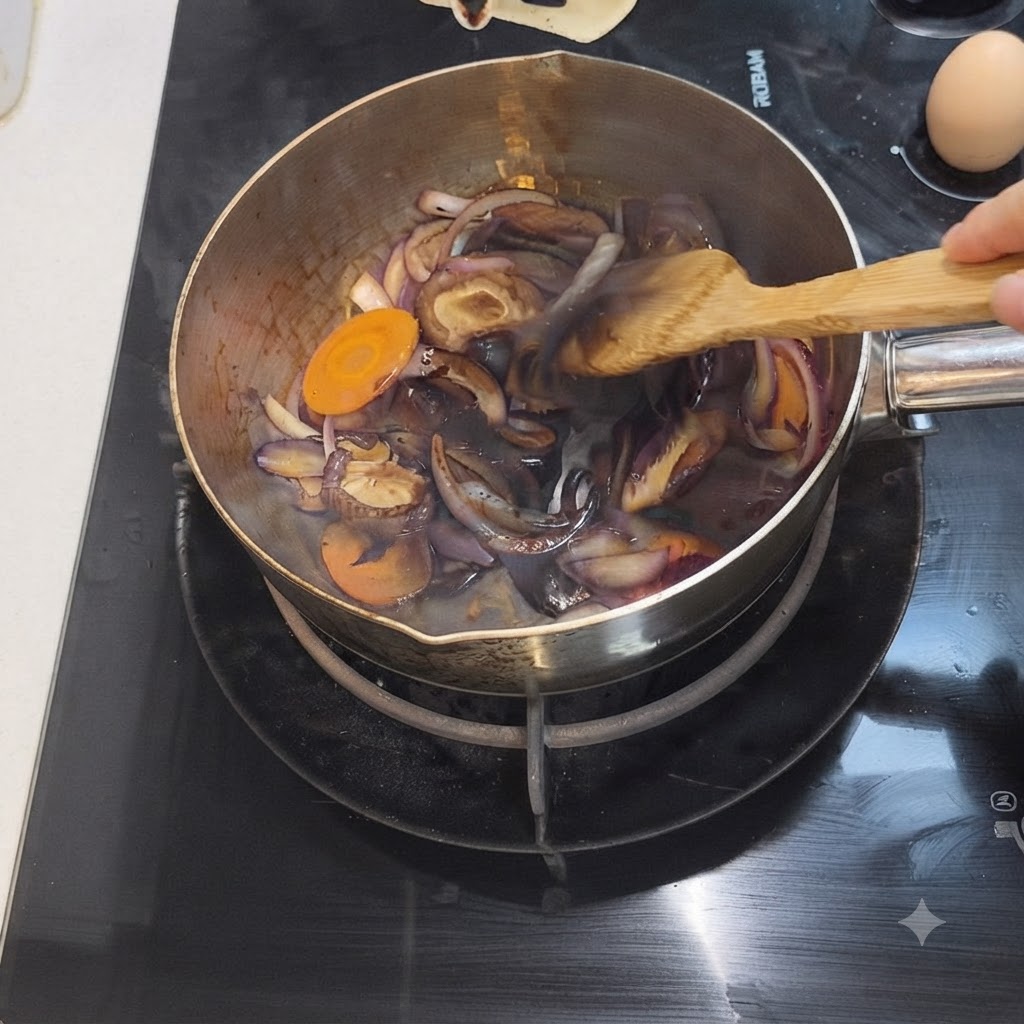 Salsa di soia scura versata sulle verdure che sobbollono allinterno della pentola di cottura.