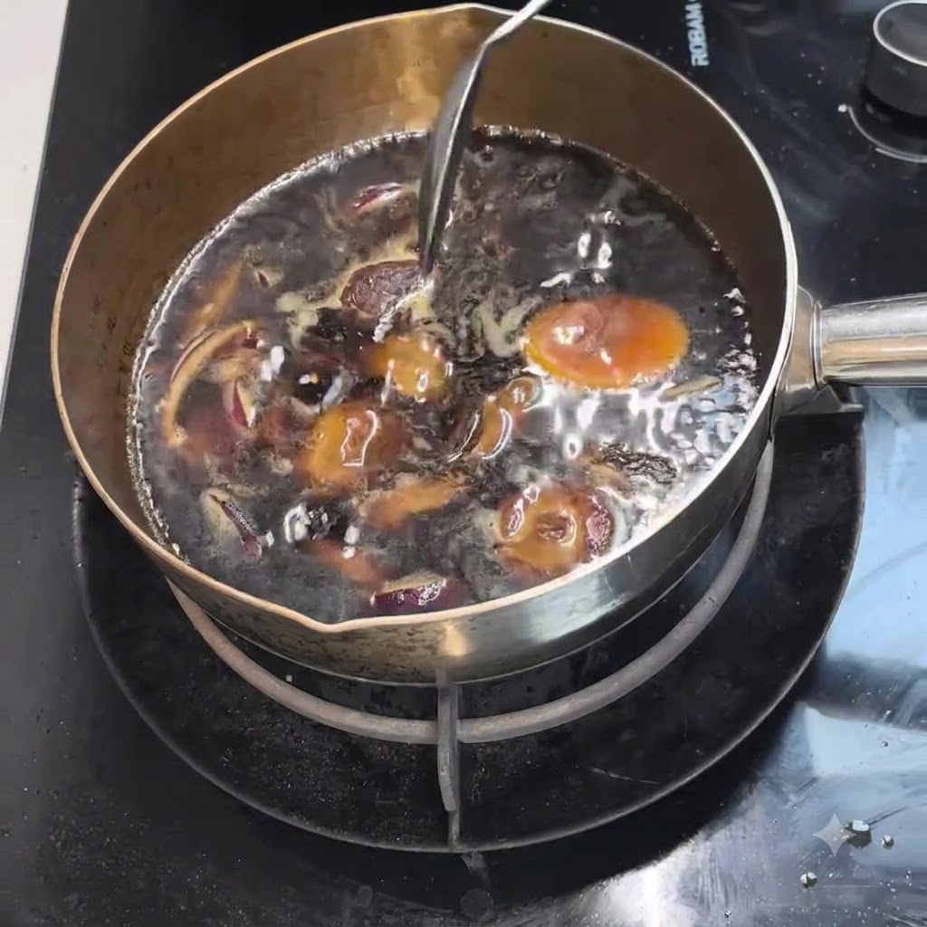 Fettine di mela e alga scura che sobbollono nel brodo scuro allinterno della pentola.