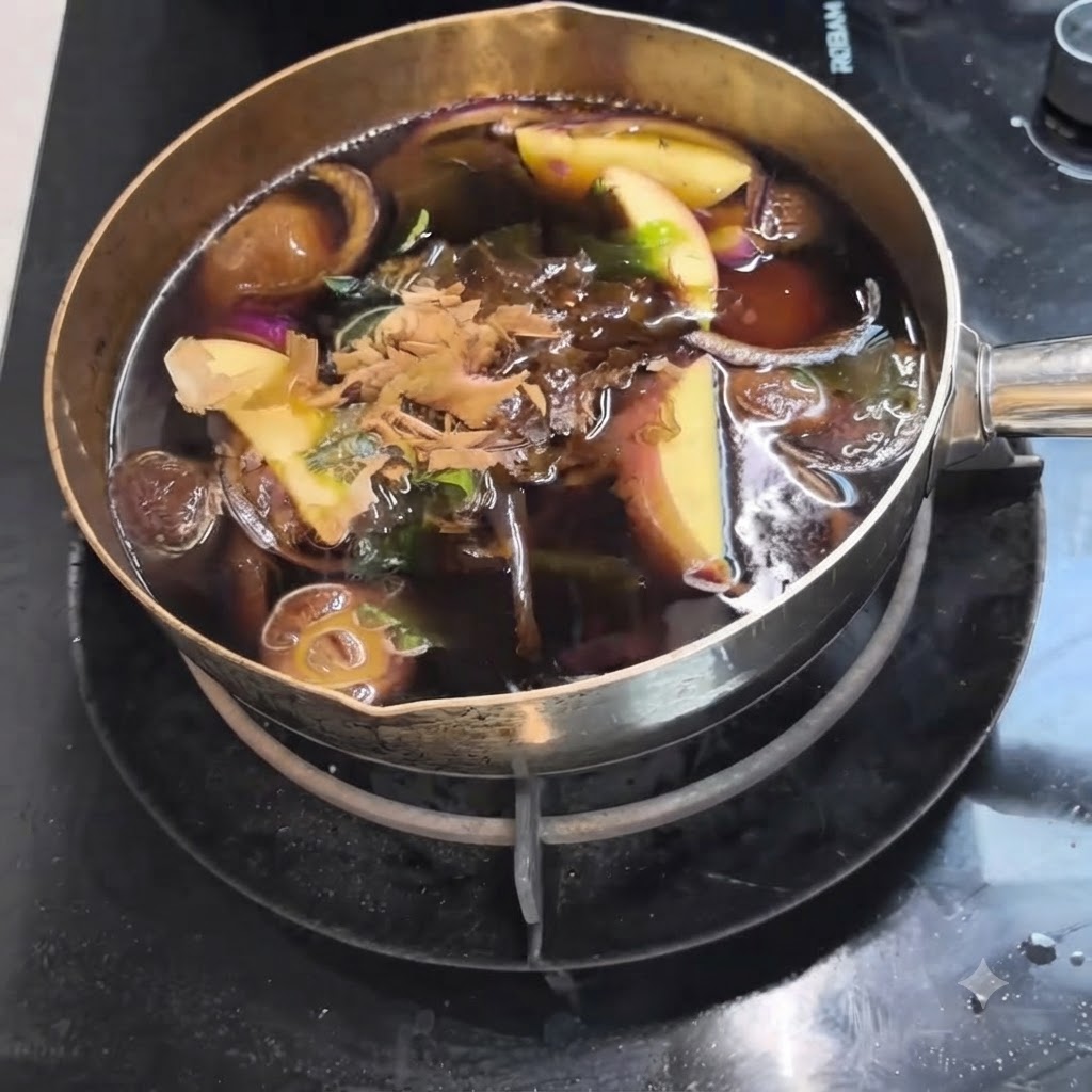 Fiocchi di bonito fatti cadere sulla superficie del brodo di zuppa bollente contenente mele e funghi.
