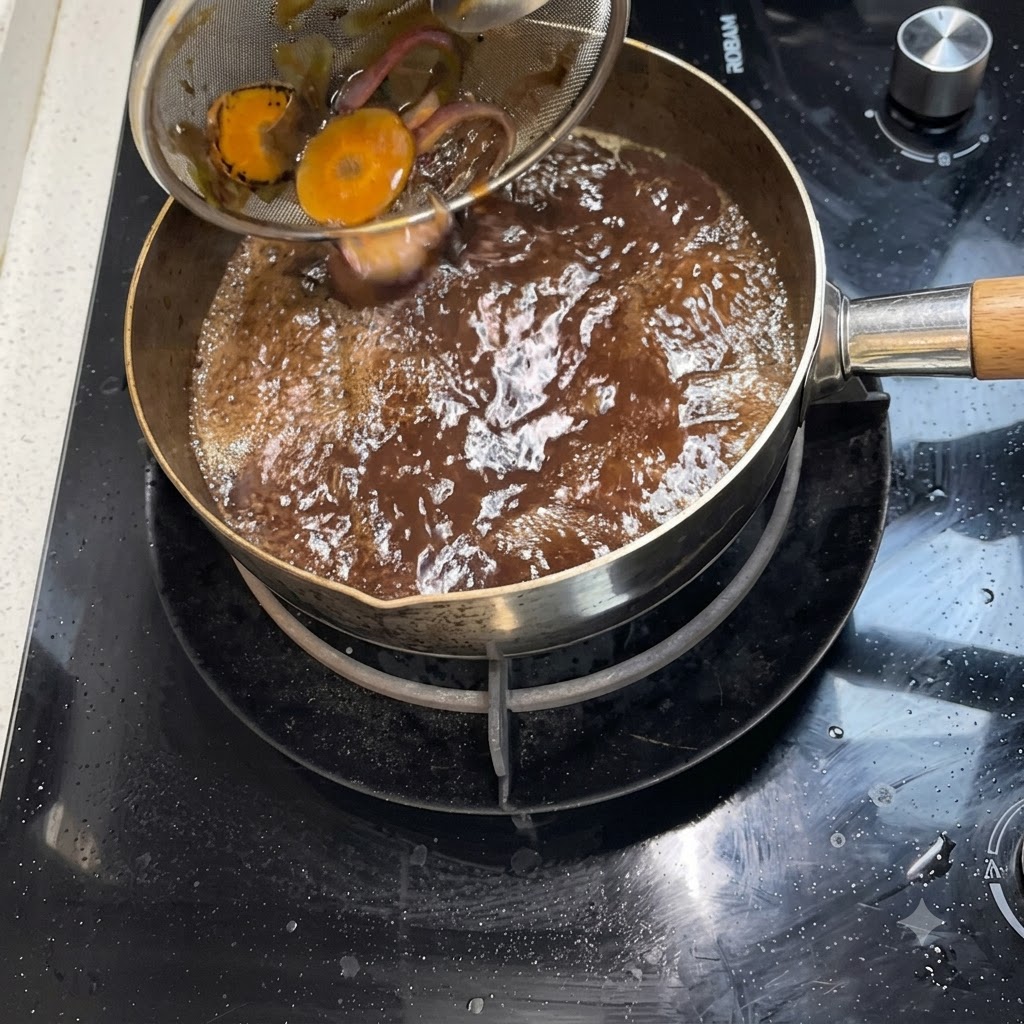 Un colino che cattura pezzi di verdura bolliti mentre la salsa sukiyaki scura viene versata in una pentola.