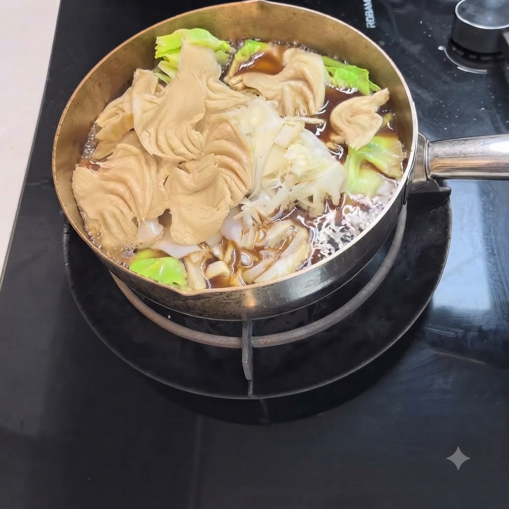 Noodles udon e verdure fresche a foglia verde che sobbollono in una pentola di brodo sukiyaki scuro.