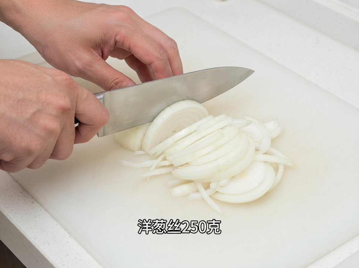 Una cipolla tagliata a strisce sottili su un tagliere bianco con un coltello da cucina professionale.