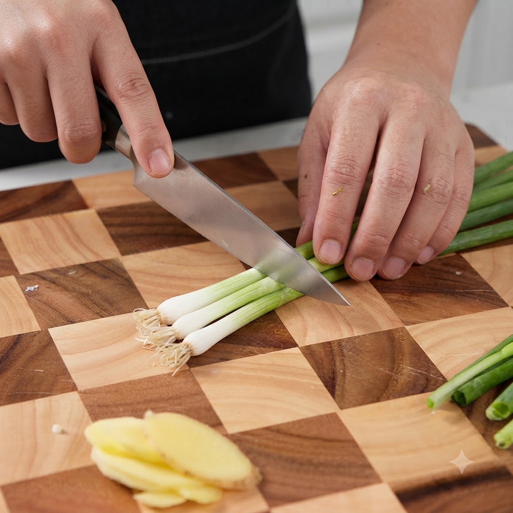 Cipollotti tagliati ordinatamente in piccoli pezzi su un tagliere di legno.