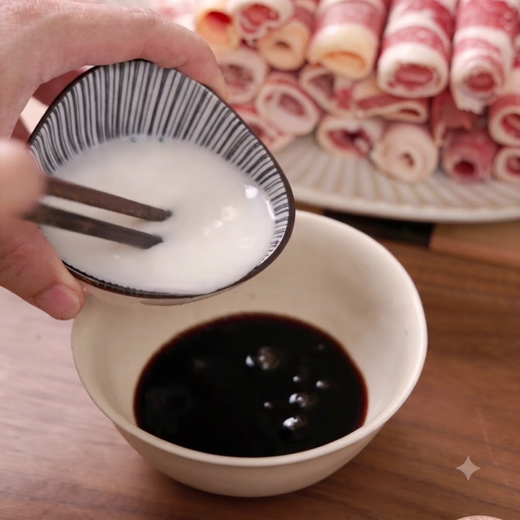 Una piccola ciotola di salsa scura mescolata con amido bianco in acqua usando bacchette di legno.