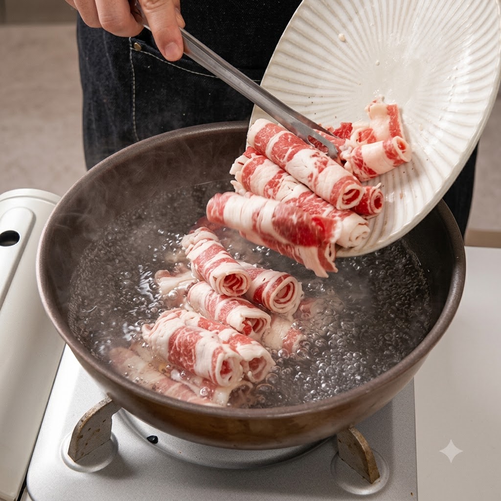 Involtini di manzo che scivolano da un piatto bianco in una pentola di acqua bollente con zenzero.