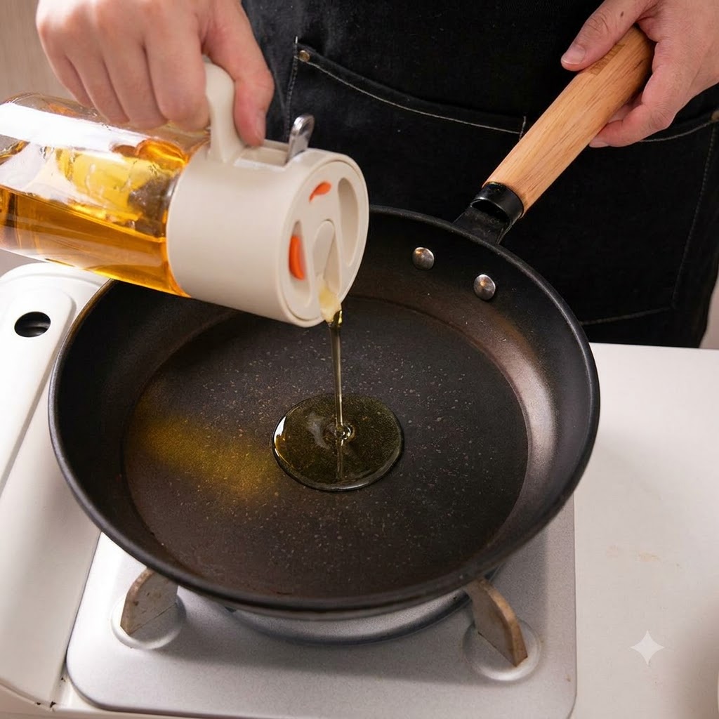 Olio da cucina versato da un dispenser di vetro in una padella calda.