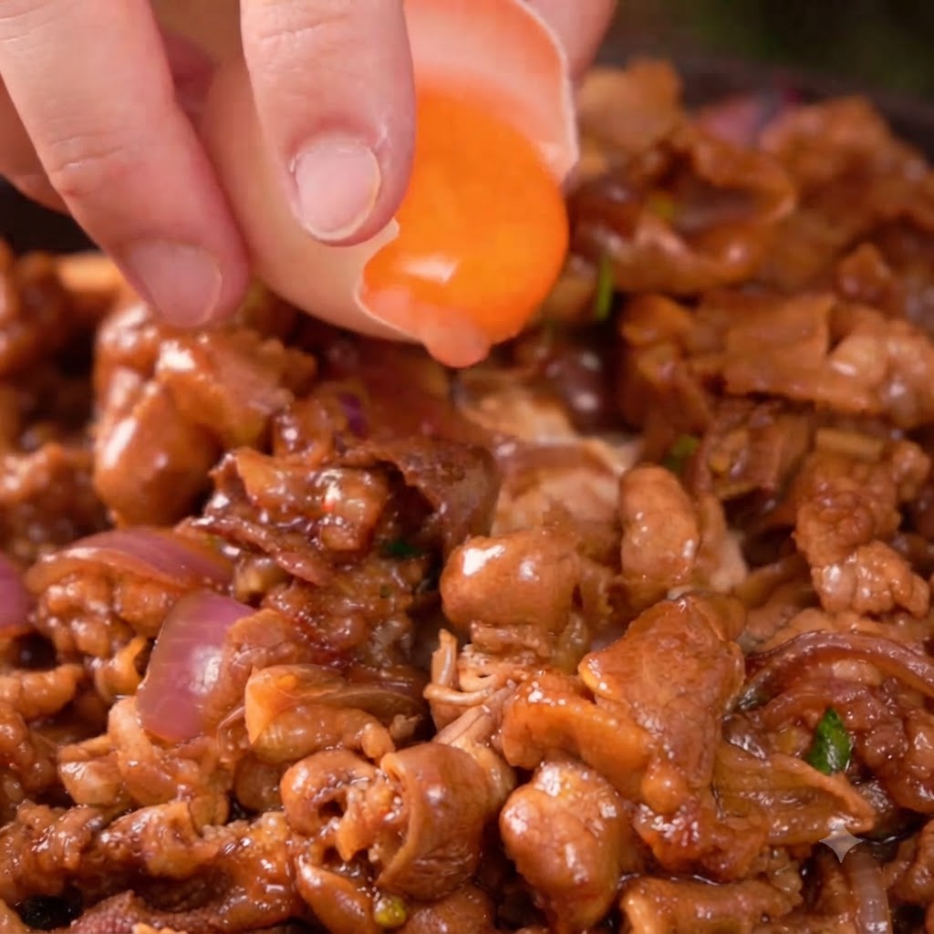 Un tuorlo duovo fresco fatto cadere delicatamente da un guscio rotto su un letto di manzo teriyaki cotto.
