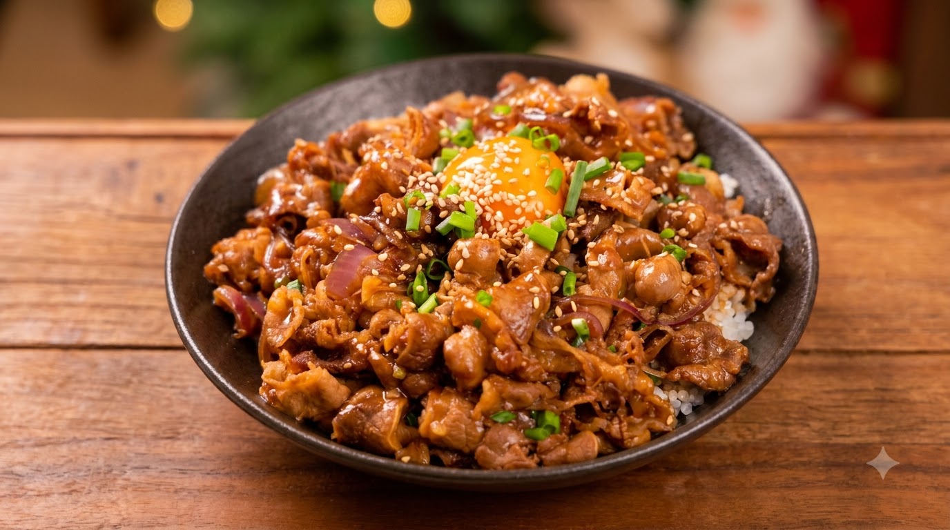 Donburi di manzo teriyaki guarnito con un tuorlo duovo crudo e semi di sesamo, arricchito da cipollotti freschi
