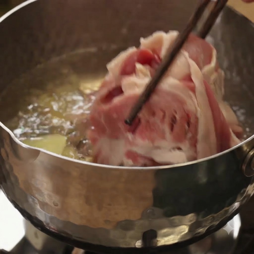 Fettine di manzo crude immerse con le bacchette in acqua bollente dentro una pentola di metallo con pezzi di zenzero.