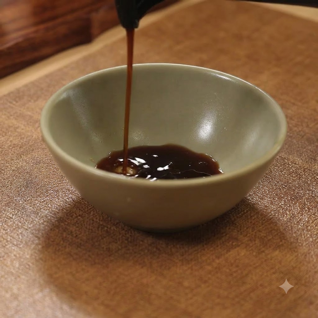 Salsa di soia scura versata da una bottiglia in una piccola ciotola di ceramica su un tagliere di legno.