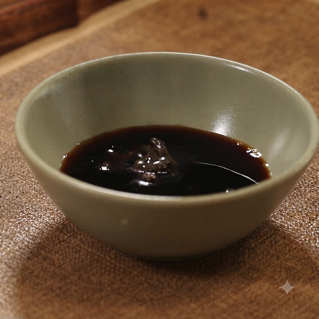 Una piccola ciotola contenente salsa scura con una cucchiaiata di pasta al tartufo nero al centro.