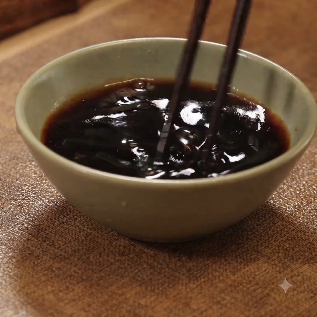 Bacchette che mescolano una miscela di salsa liquida scura allinterno di una piccola ciotola di ceramica.