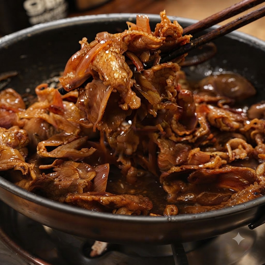 Un paio di bacchette che sollevano una porzione di manzo teriyaki cotto e cipolle da una padella.