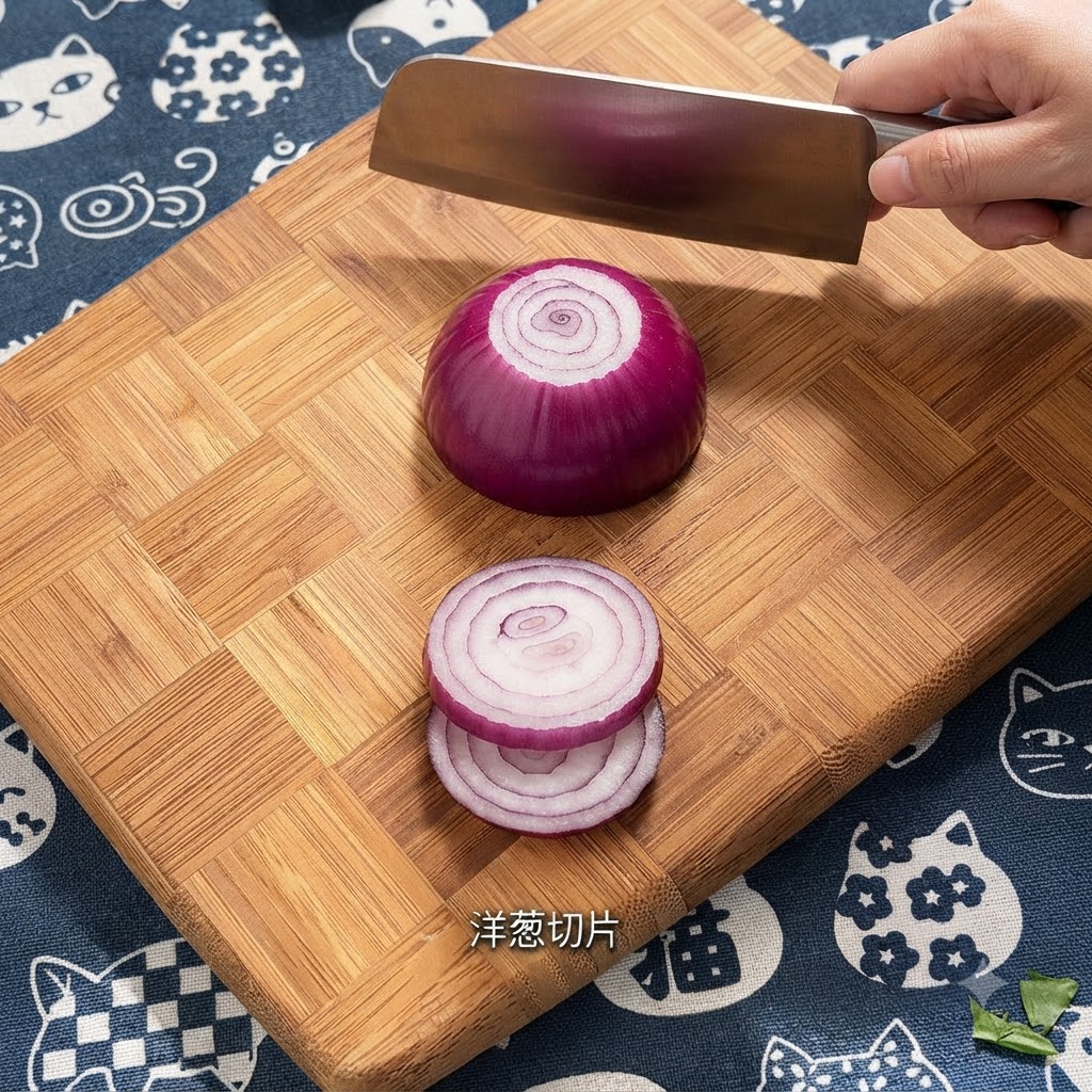 Una cipolla rossa tagliata ad anelli con una mannaia su un tagliere di legno.