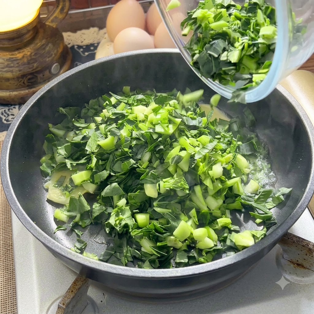 Verdure verdi tagliate e zenzero saltati in una padella calda.