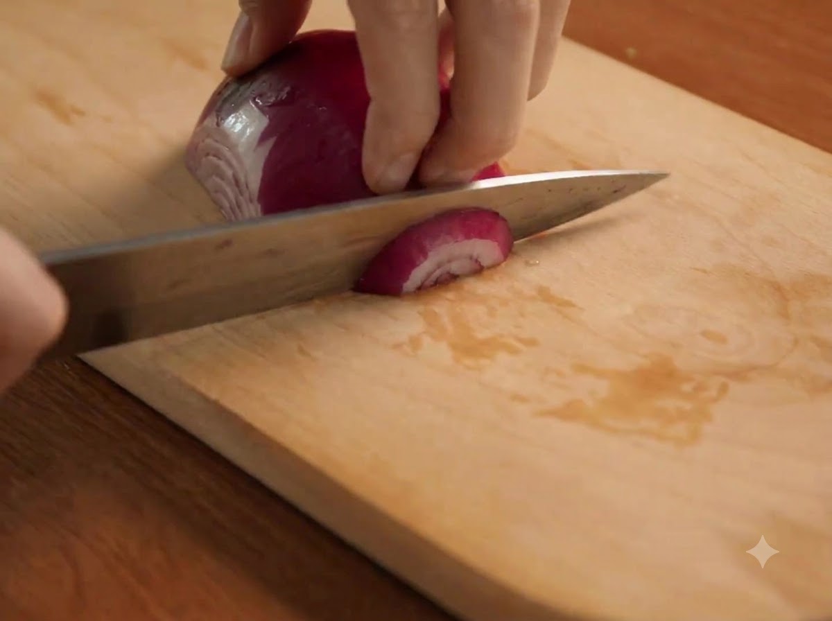Una cipolla rossa affettata sottilmente con un coltello su un tagliere di legno.