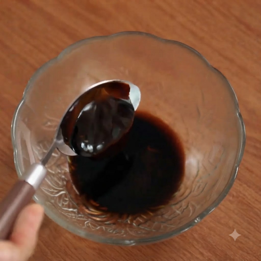 Salsa di ostriche densa raccolta con un cucchiaio in una ciotola di vetro con gli ingredienti della salsa.
