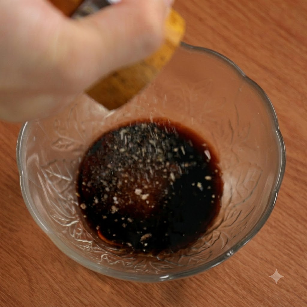 Pepe nero macinato fresco sulla miscela di salsa in una ciotola di vetro.
