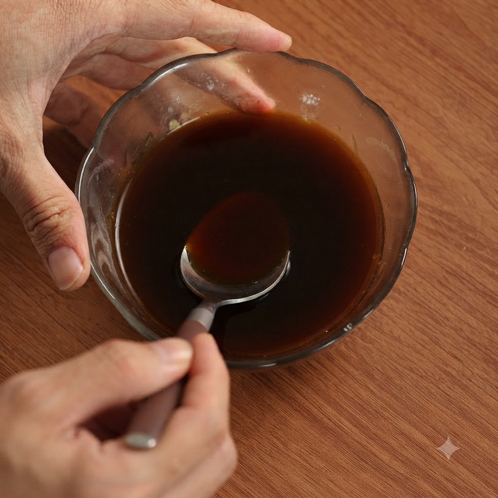 Una mano che usa un cucchiaio per mescolare la salsa teriyaki in una ciotola di vetro.