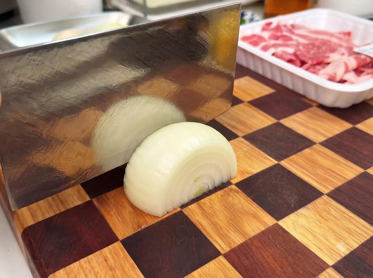Metà cipolla tagliata a fette spesse con una mannaia su un tagliere di legno a scacchiera.