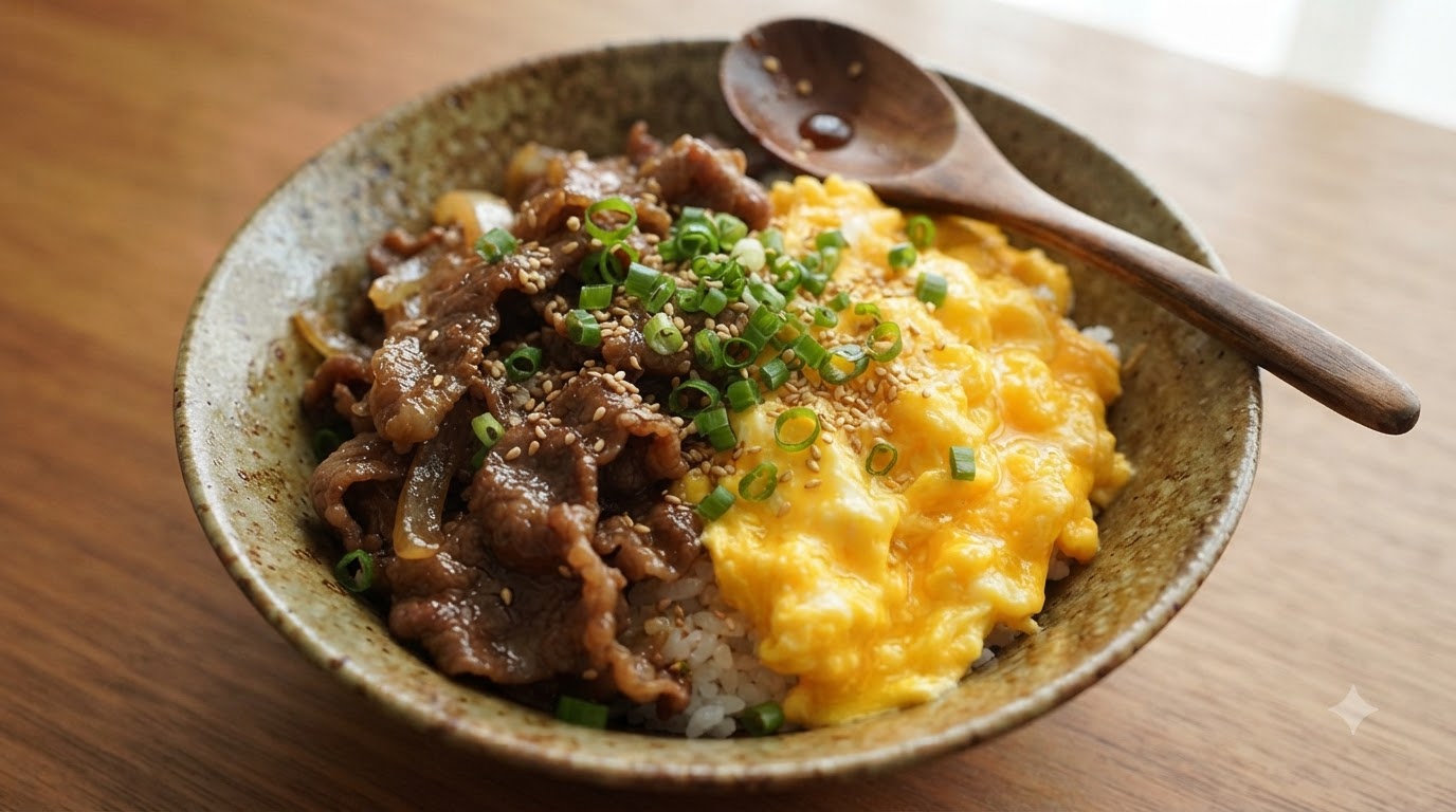 Bowl diriso con manzo teriyaki e uova strapazzate