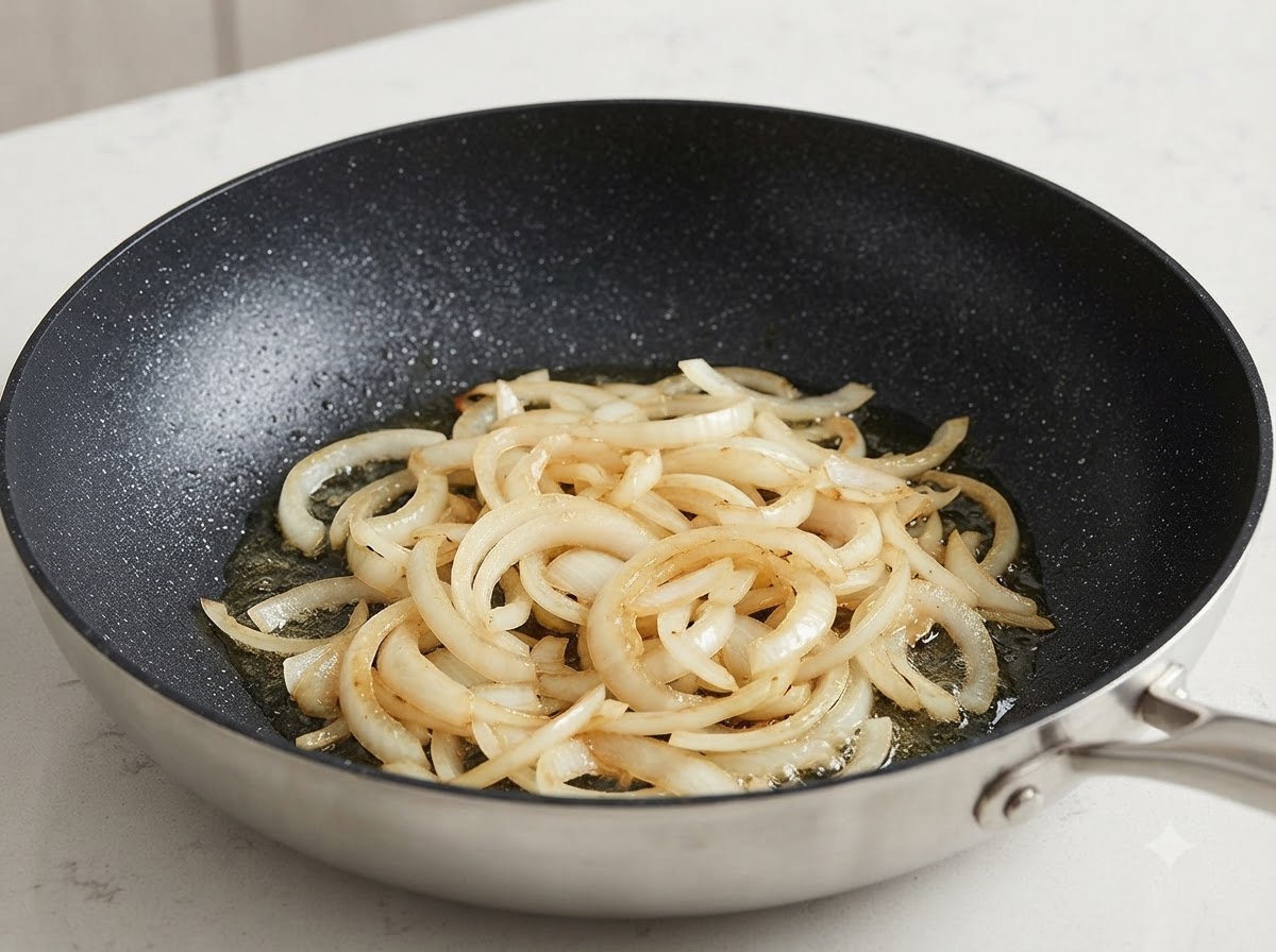 Cipolle affettate che cuociono e si ammorbidiscono in una padella con lolio.