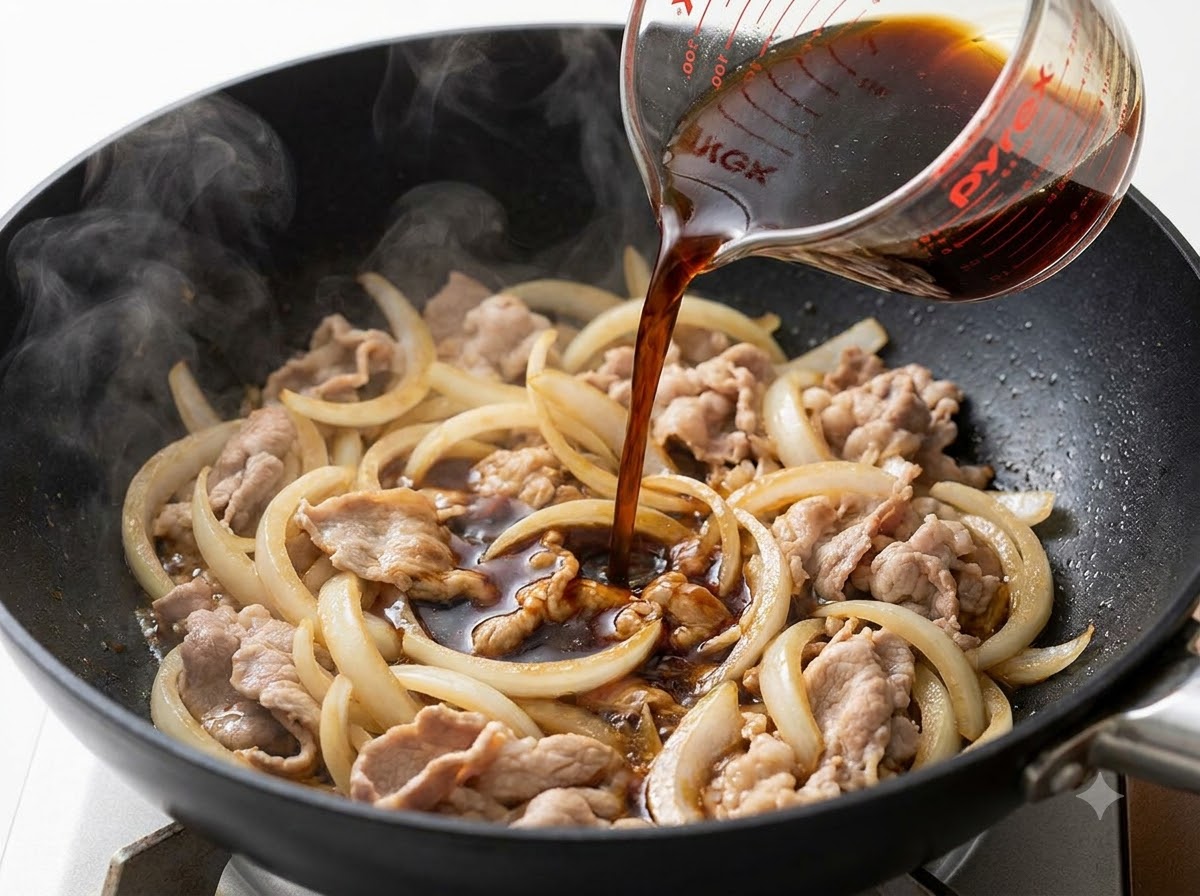 Salsa teriyaki versata da un misurino di vetro in una padella piena di manzo e cipolle.