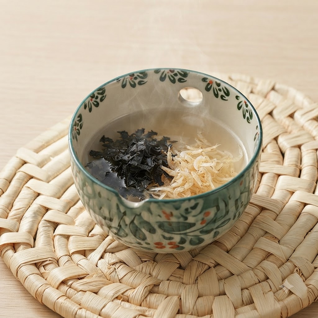 Una ciotola di ceramica contenente alga, gamberetti essiccati e ingredienti di condimento liquido.