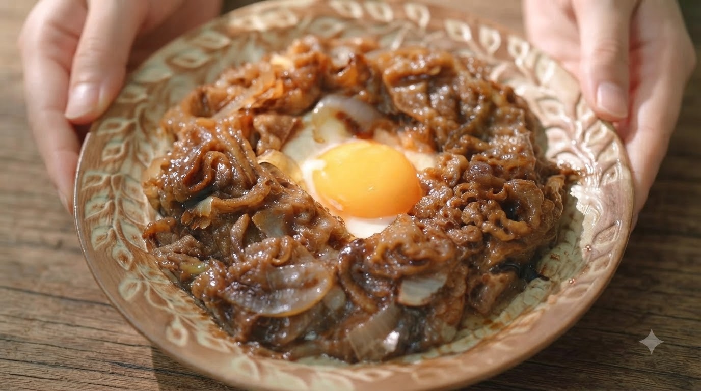 Primo piano dallalto di un bowl di riso con manzo teriyaki guarnito con un tuorlo duovo